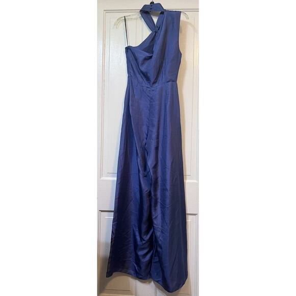 NWT Elliatt Anthropologie Waterside Blue Silk Jumpsuit One Shoulder Size Small - Picture 9 of 16